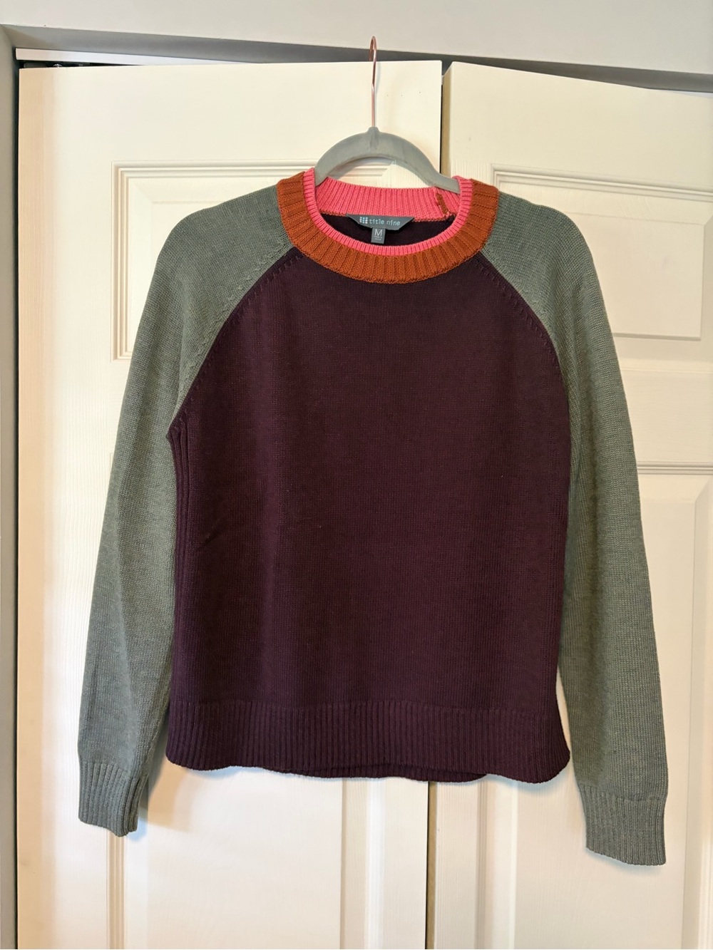 Title Nine-Colorblock Crewneck Sweater - Burgundy, Olive & Rust